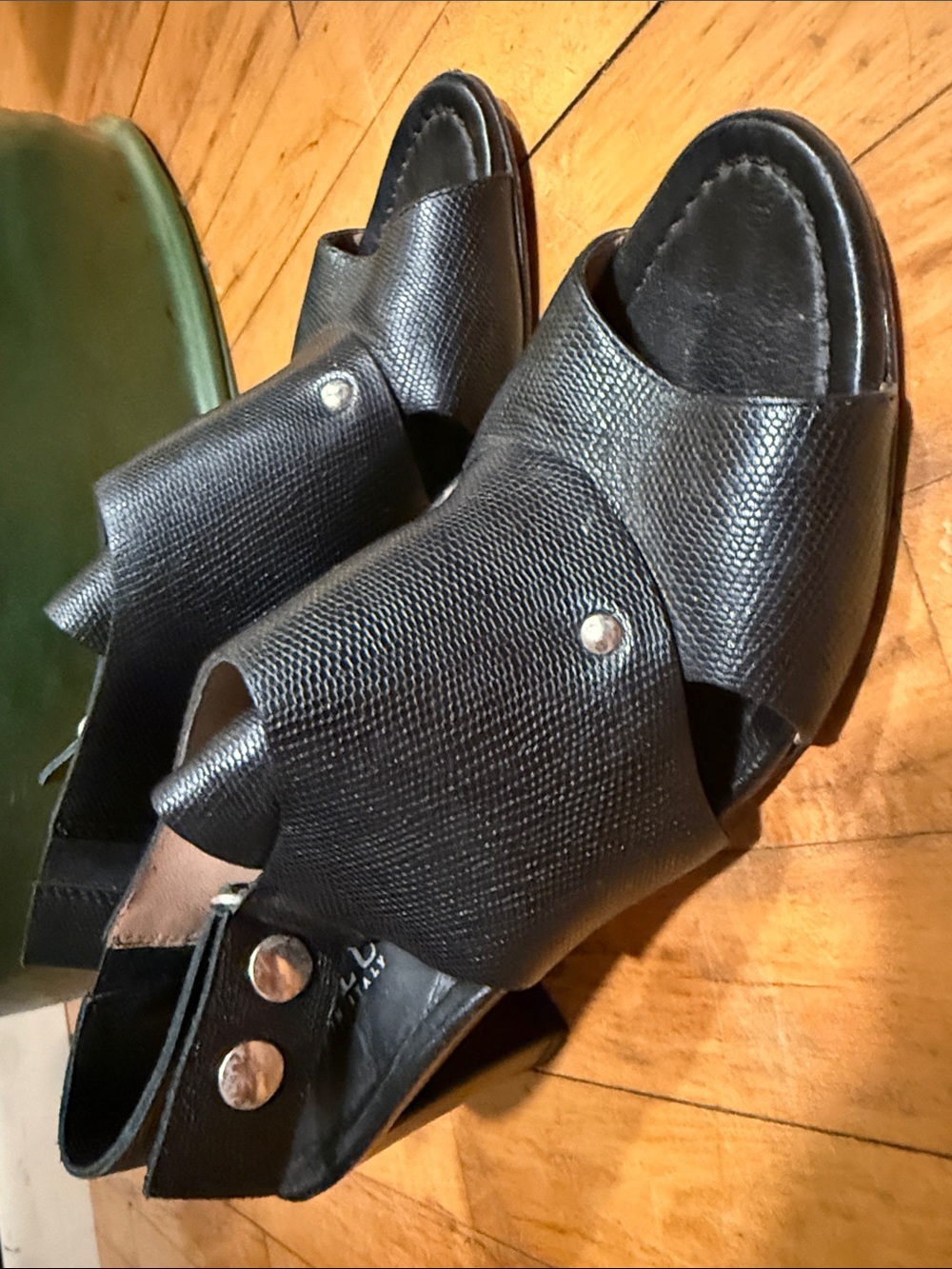 Anyi Lu leather made in Italy Black Open-Toe Slide Mules with Silver Stud Detail